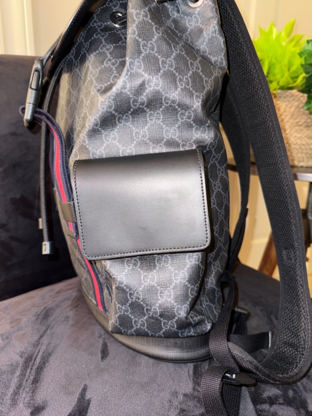 Gucci Black GG Supreme Backpack with Red and Blue Web Stripes - Picture 8 of 12